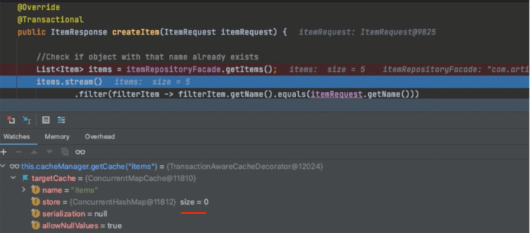 Cache size and its elements during transation