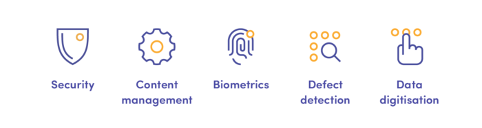 Applications of computer vision: security, content management, biometrics, defect detection, data digitisation