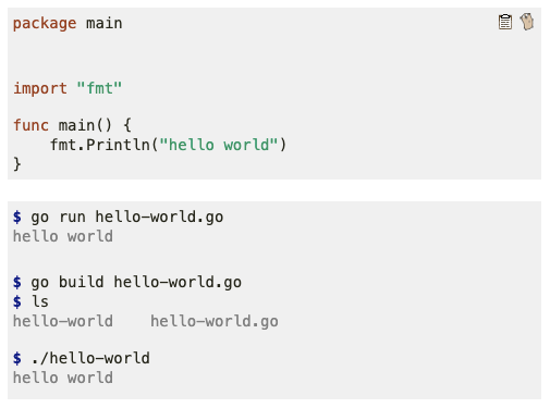 The example of code on Golang - "Hello World"