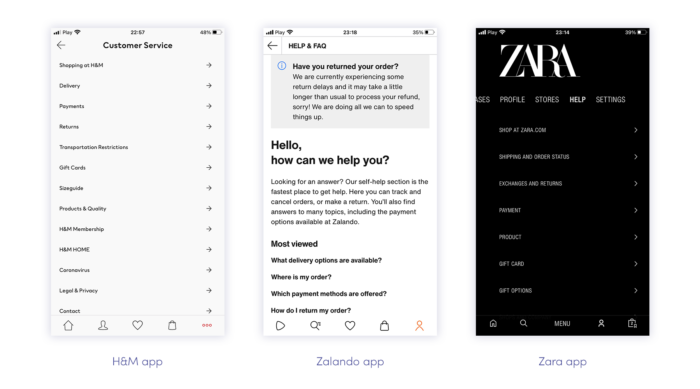 Customer service in H&M, Zalando and Zara app