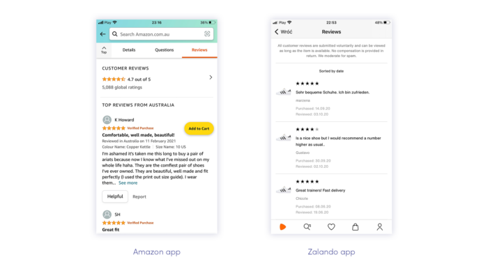 Product reviews in Amazon and Zalando app
