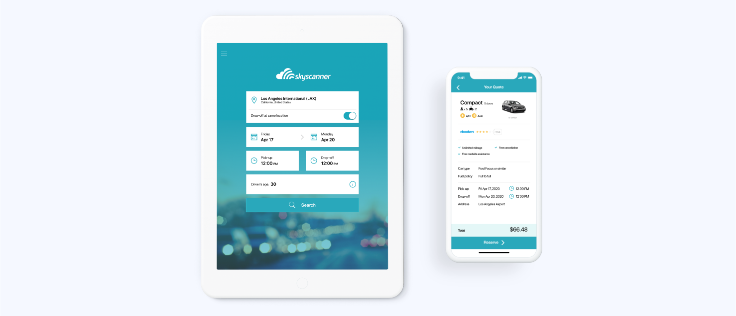 User interface of Skyscanner - a car rental app solution