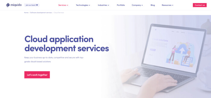 miquido website screen on cloud application development services 