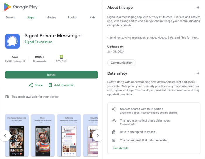 Signal’s app listing on Google Play