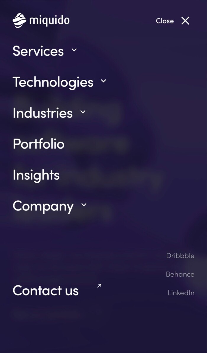 mobile menu navigation on miquido eebsite