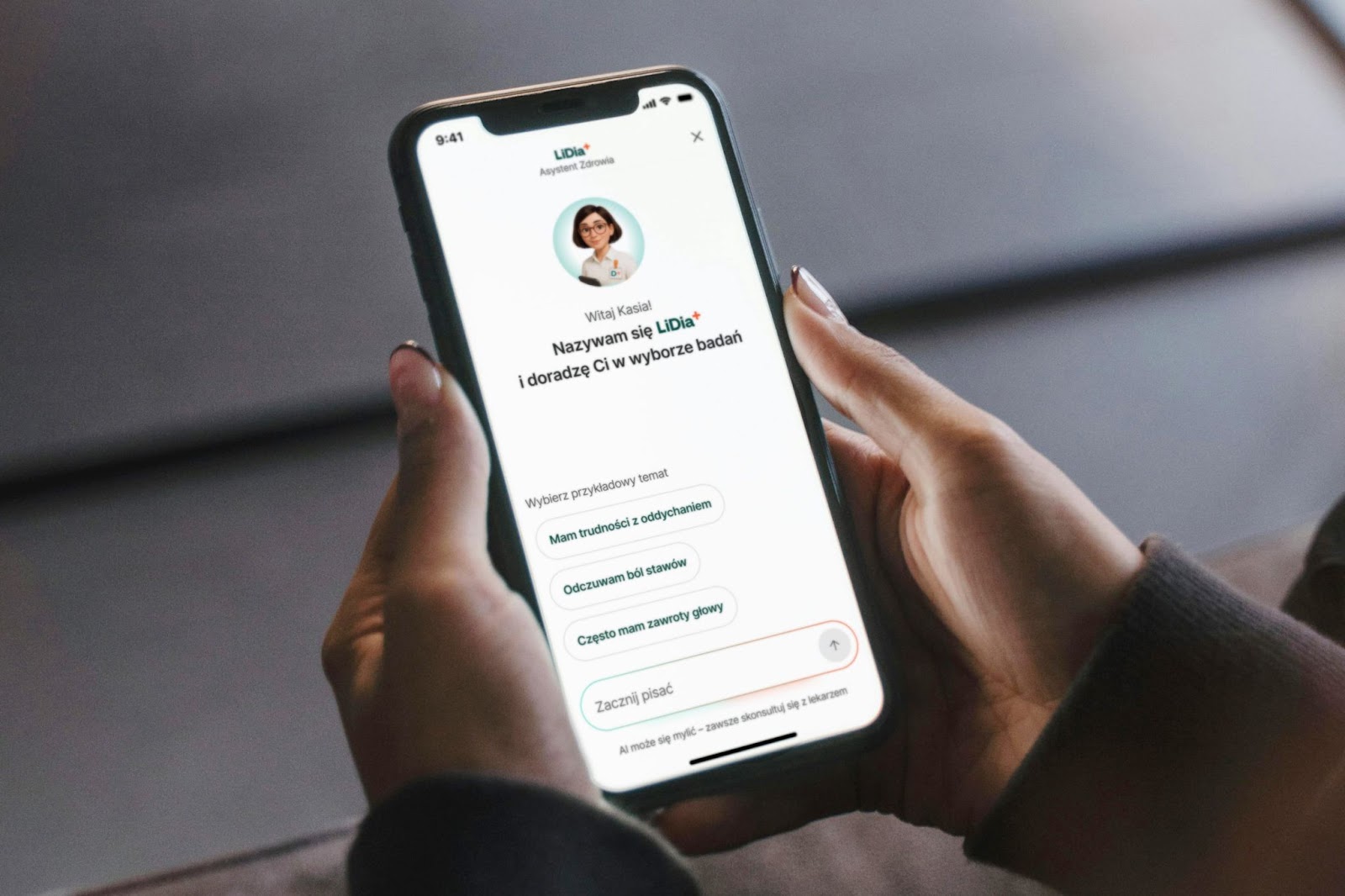 Hands holding a smartphone displaying the LiDia+ Polish AI health assistant app interface.