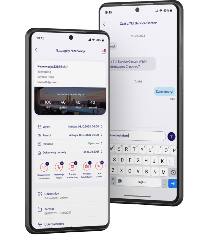 Two smartphones showing a Polish travel app with reservation details and a service center chat interface.