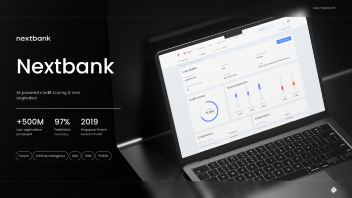 Laptop displaying Nextbank dashboard for AI credit scoring and loan origination alongside key performance statistics.