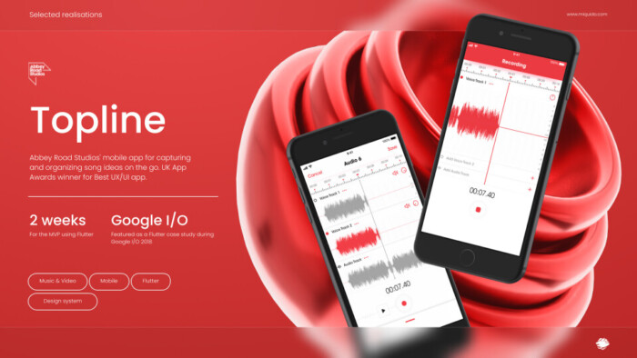 Case study for Topline, Abbey Road Studios' mobile app developed using Flutter, featuring app UI on two smartphones.