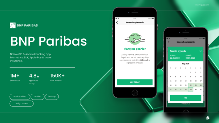 Marketing graphic for the BNP Paribas banking app, showing two smartphones with the app's travel insurance interface.